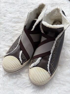Brand new. Tretorn Brown High-Top Shearling-Lined Sneakers with Cream Trim